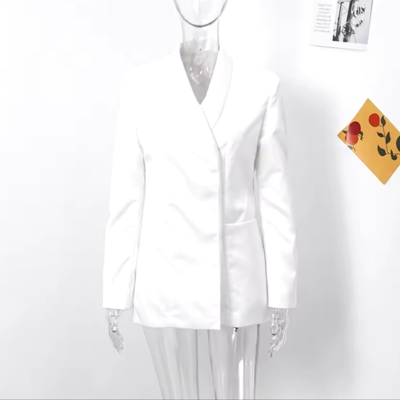 White Stand Collar Jacket Coat Double Pocket Elegant Socialite Women Cuff Button - Picture 8 of 15